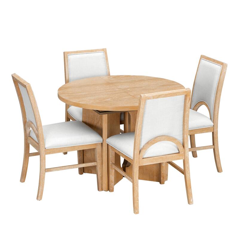 Solid Wood Extendable Round Dining Table Set for 4, Kitchen Table with Removable Leaf & Upholstered Chairs