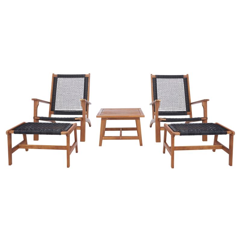 SAFAVIEH Natividad Outdoor Solid Wood Chaise Lounge Chair & Stool Set of 2 (Includes End Table) - 26W x 33D x 35H - Natural/Black