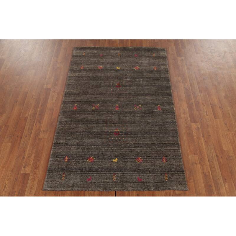 Striped Brown Gabbeh Indian Area Rug Hand-Knotted Wool Carpet - 3'11"x 6'1"