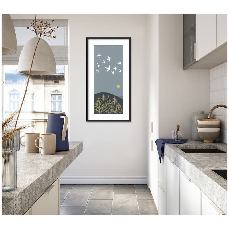 Kate and Laurel Framed Art Hilltop Flight Linocut Bird by Giuliana Lazzerini Lazzerini