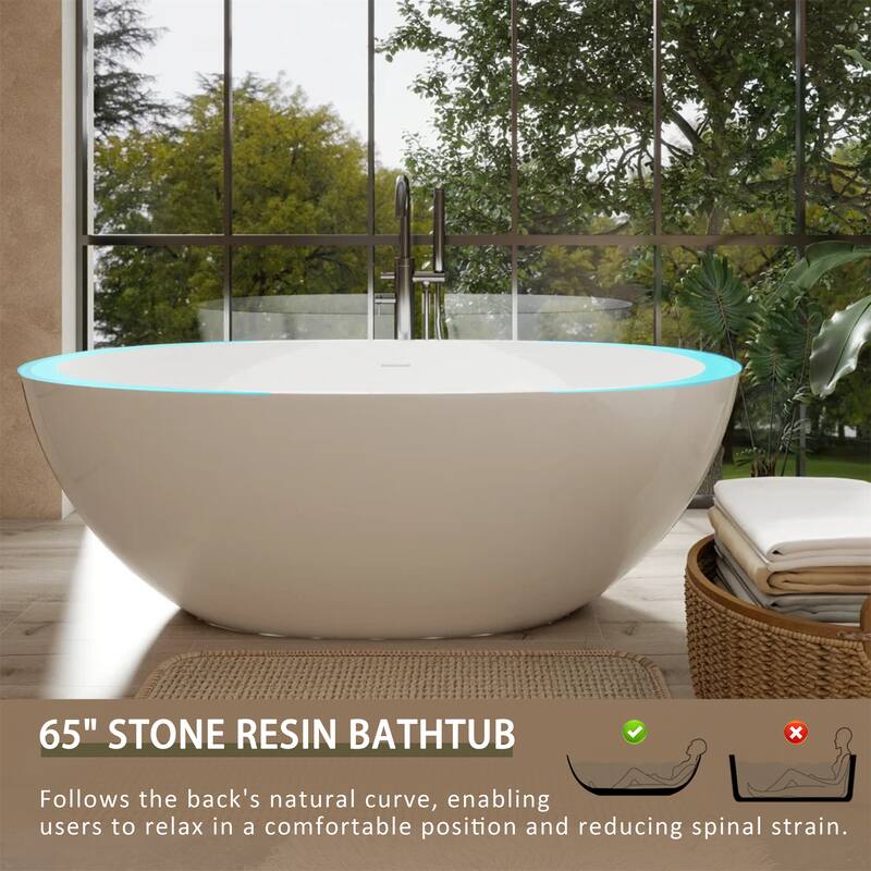 65" Glossy White Solid Surface Bathtub