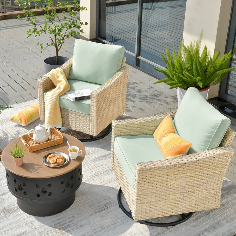 HOOOWOOO Outdoor 3-piece Rattan Wicker Swivel Rocking Chair Set with Wood Burning Fire Pit