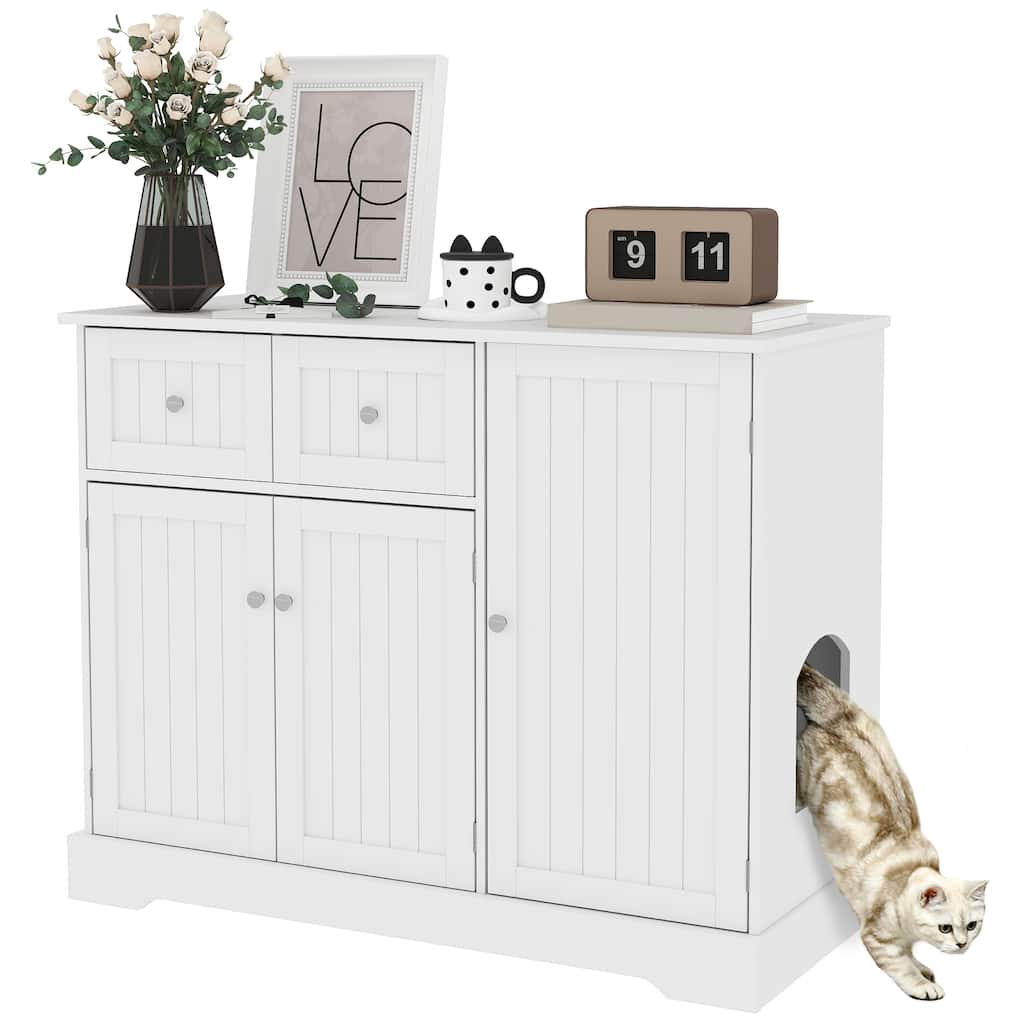 PawHut Cat Litter Box Enclosure, Hidden Litter Box Furniture with Drawers, Storage, Anti-tip Kit, Cat Washroom