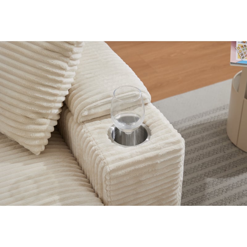 Corduroy Upholstered Chaise Lounge Sofa with Storage Armrest, Ottoman and Cup Holders, Beige, 42x50x32 inches