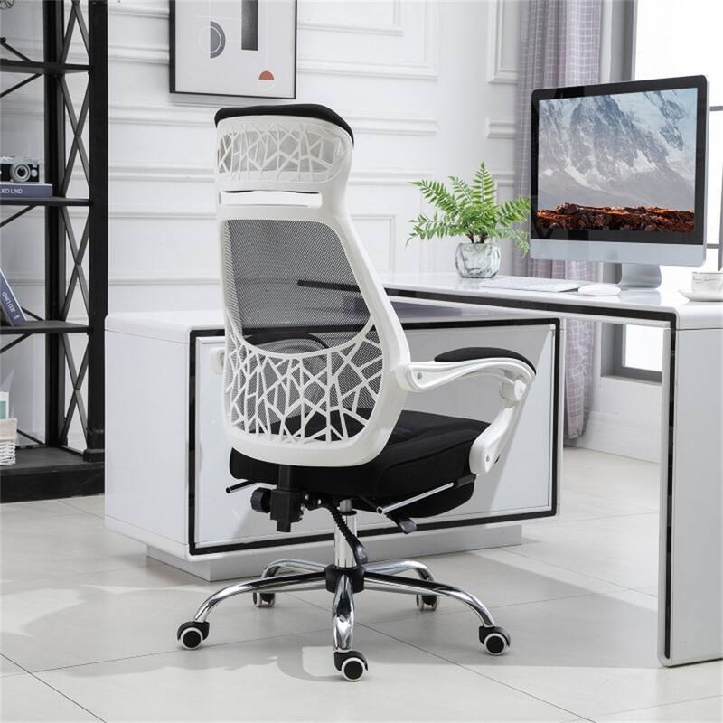 Black and White Ergonomic High Back Office Chair Mesh Fabric Reclining with Footrest - 25.5" x 47.25"