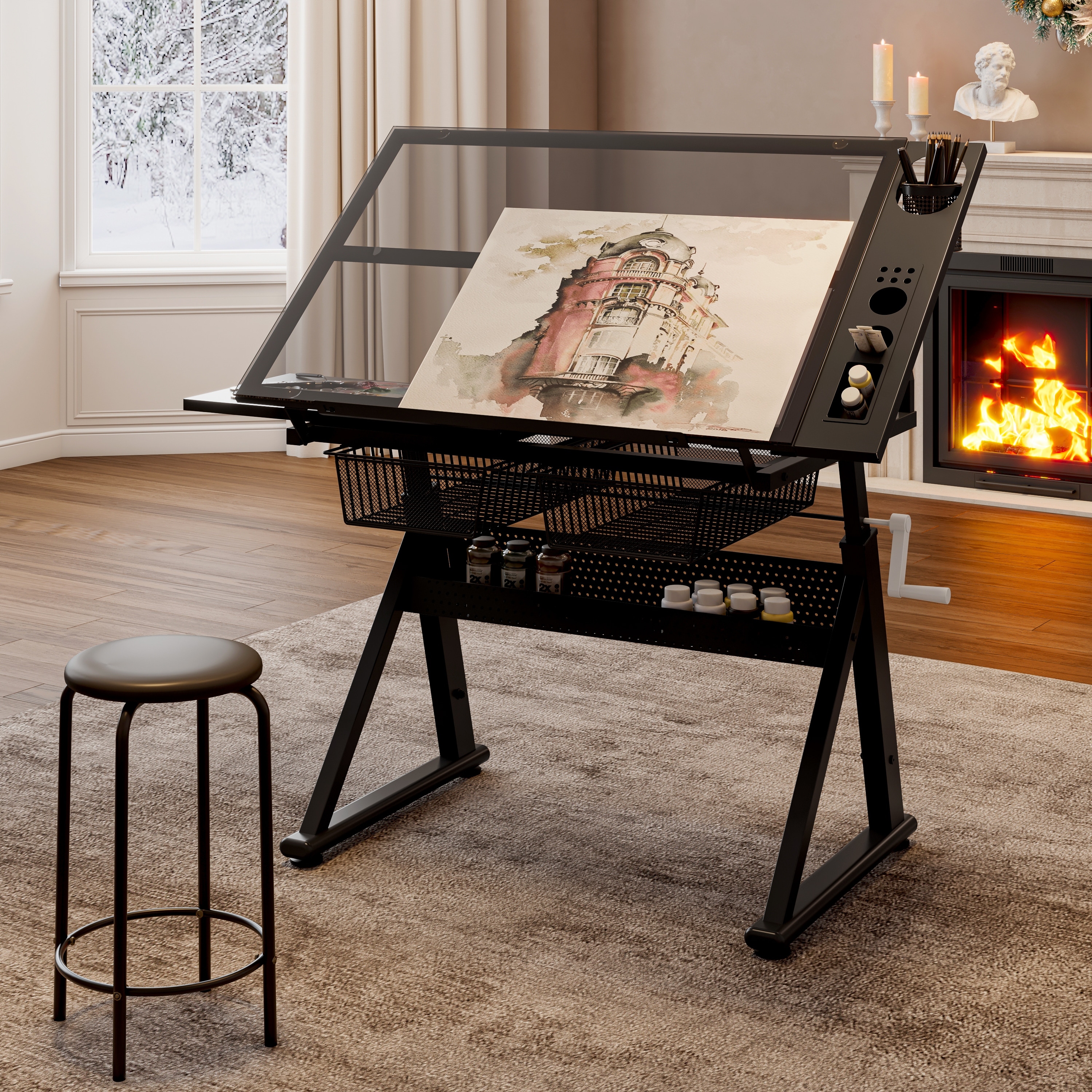 Hand Crank Adjustable Tempered Glass Drafting Drawing and Printing Table with Chair and Storage Space