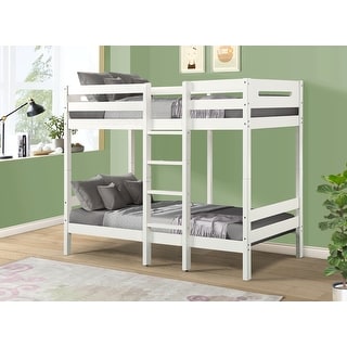Twin over Twin Size Wood Bunk Bed with Ladder and Fence