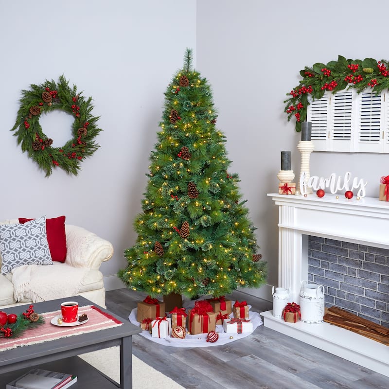 7ft. Mixed Pine Artificial Christmas Tree with Pine Cones, Berries and 500 Clear LED Lights - Full & Lush Holiday X-Mas Display