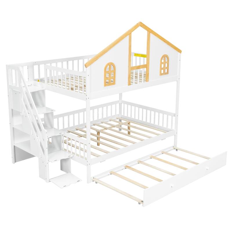 Fairytale Bunk Bed with Window Door House-shaped Roof Frame and Storage Staircase, Optional with Storage Drawers or Trundle Bed