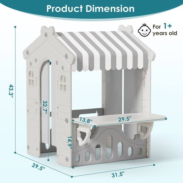 Gray Kids Playhouse with Cute Kids Pretend Play Kitchen Toys Set, Outdoor Playhouse for Toddlers Aged 1-3