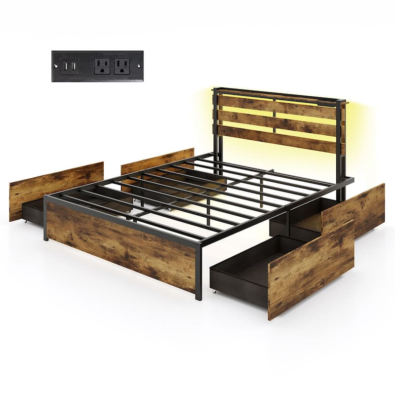 Gymax Queen Size Bed Frame w/ Drawers LED Lights Outlets & USB Ports - Brown - Queen