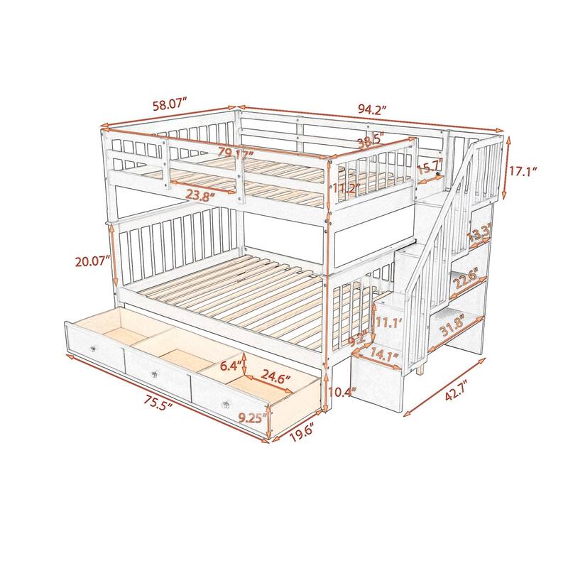 Merax Full over Full Stairway Bunk Bed with Drawer, Storage and Guard Rail