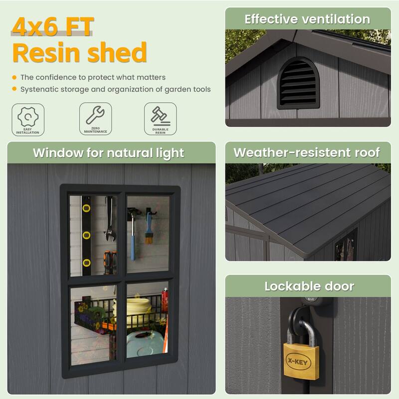 Patiowell 4' x 4' & 4' x 6' & 4' x 8' Plastic Outdoor Storage Shed, Resin Shed with Floor and Window for Patio Furniture,Tools