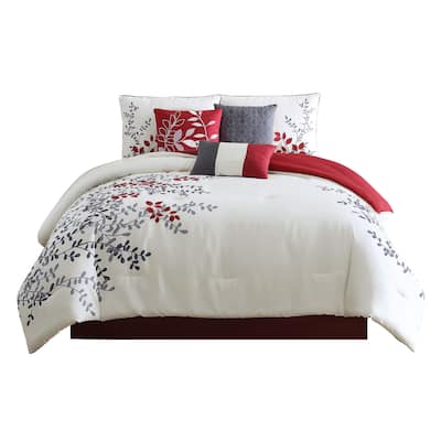 7 Piece King Comforter Set with Leaf Embroidery, Cream and Gray