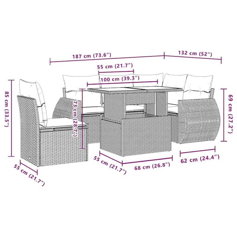 vidaXL Patio Sofa Set with Cushions and Table Outdoor 6 Piece Poly Rattan - 24.4 x 24.4 x 27.2
