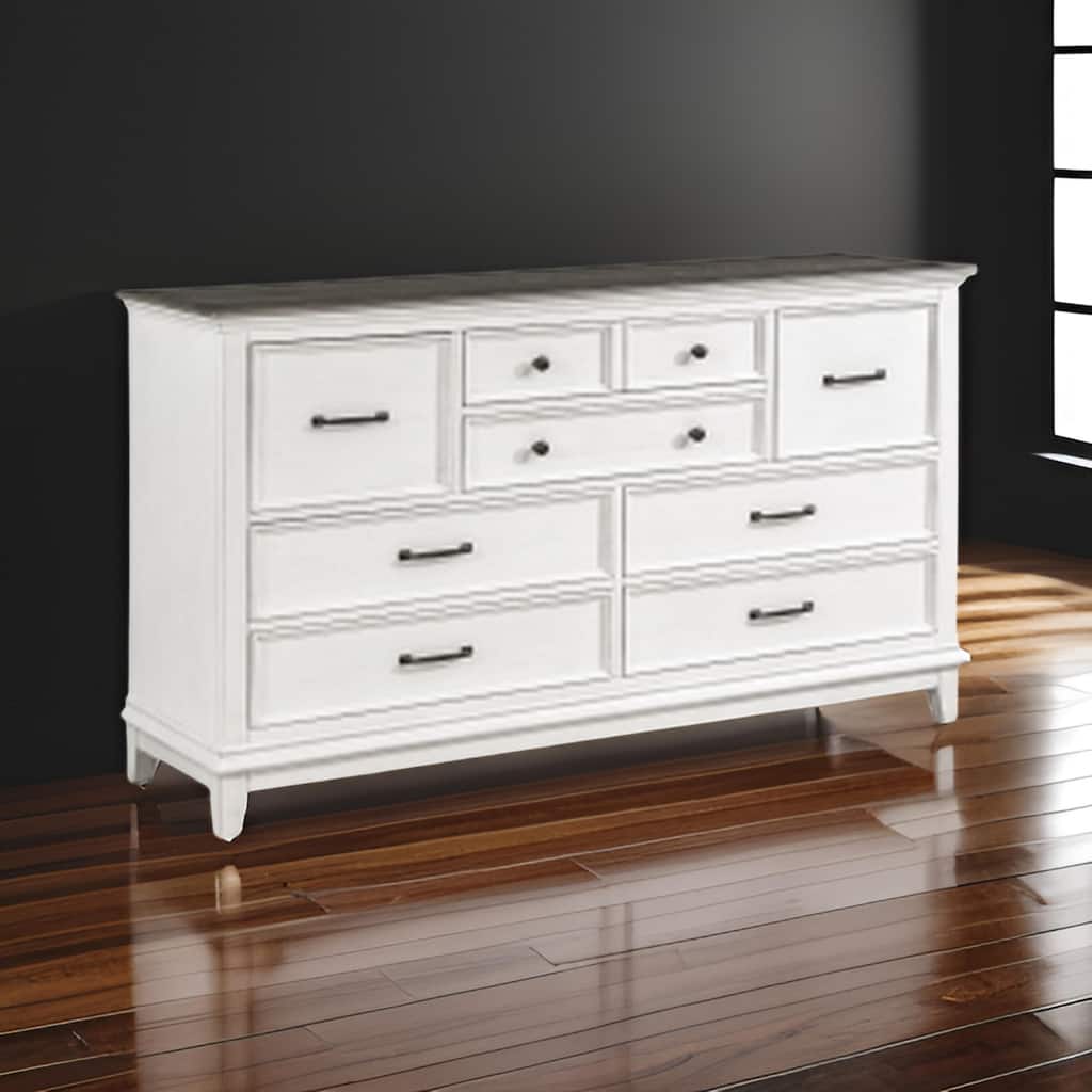 Woki 66 Inch Wide Dresser, 9 Drawers, Antique White and Brown Solid Wood