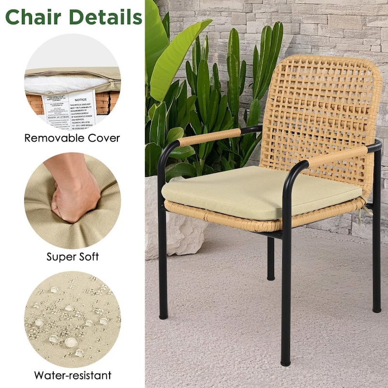 3-piece Farmhouse Outdoor All-weather Wicker Dining Chairs Set with Removable Cushions