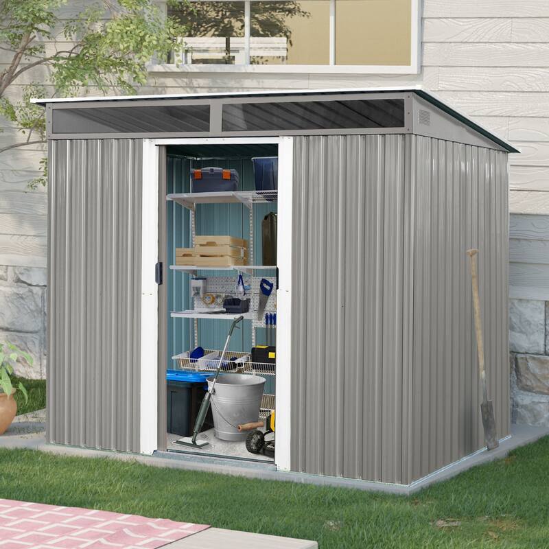 8ft x 6ft Gray Metal Storage Shed – Outdoor Garden Shed with Lockable Sliding Doors & Transparent Panels - 8ft x 6ft