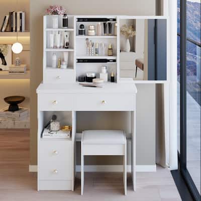 29.2" Vanity Table for Small Spaces - Left Drawer Design, Extra Large Sliding Mirror & Cushioned Stool, High-Capacity Storage