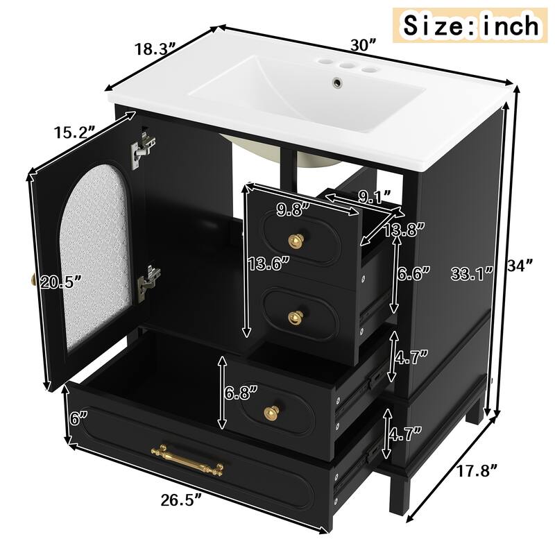 30" Bathroom Vanity with Sink, Free Standing Single Vanity Set with 3 Storage Drawers