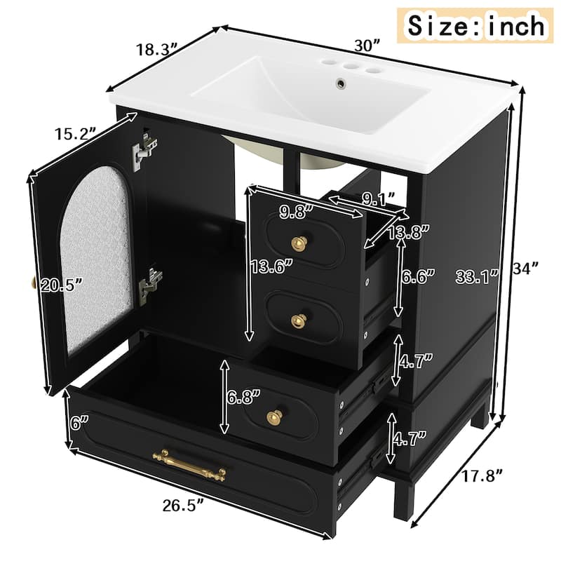 30" Bathroom Vanity with Sink, Freestanding Wood Cabinet with 3 Drawers and Semi-Transparent Door, Single Vanity