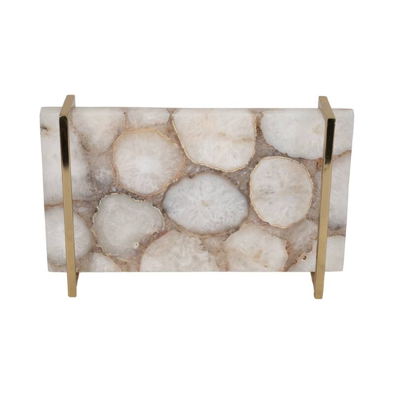 Rectangle Agate Tray with Metal Handles -Home Decor - 14", Ivory & Tan - 14.0"