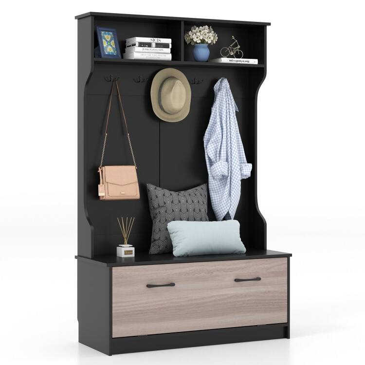 3 in 1 Coat Rack with Entryway Bench and Hooks and Enclosed Cabinet - 39.5" x 16" x 63"