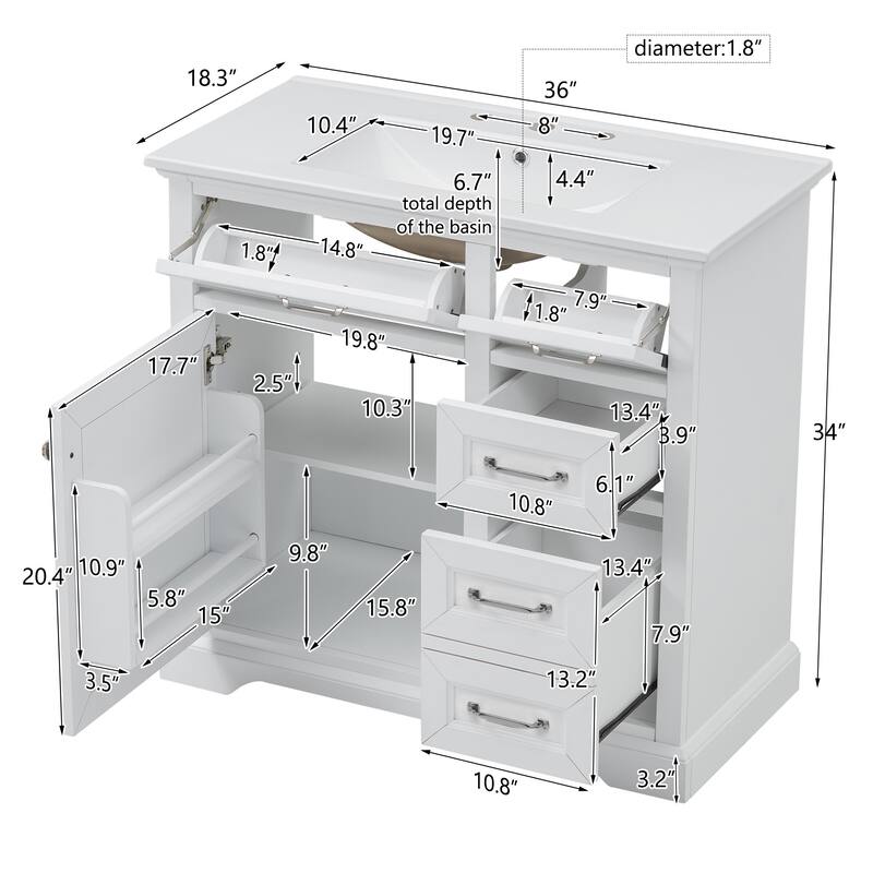36" Bathroom Vanity Set with Ceramic Undermount Sink,2 Tip-Out Drawers
