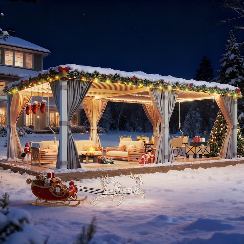 Outdoor Louvered Pergola, Outdoor Patio Hardtop Gazebo, Adjustable Metal Roof Curtains and Netting Included - 12' x 20' - White