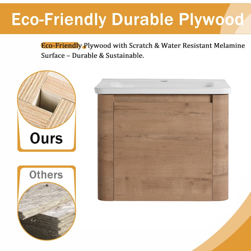 Malwee 24"/36"/48"/60" Floating Bathroom Vanity, Wall Mounted Bathroom Vanity with Ceramic Sink,Soft Close Door and Shelf