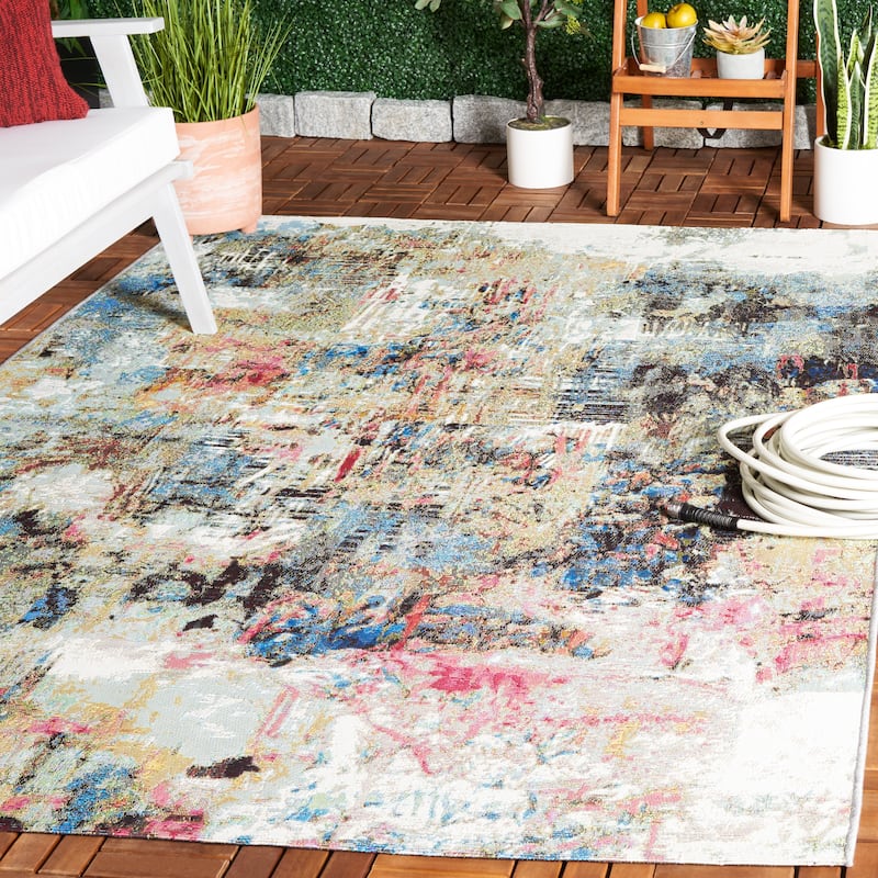 SAFAVIEH Barbados Merje Modern Waterproof Patio Backyard Rug - 5'3" x 7'6" - Green Ivory/Black Rust
