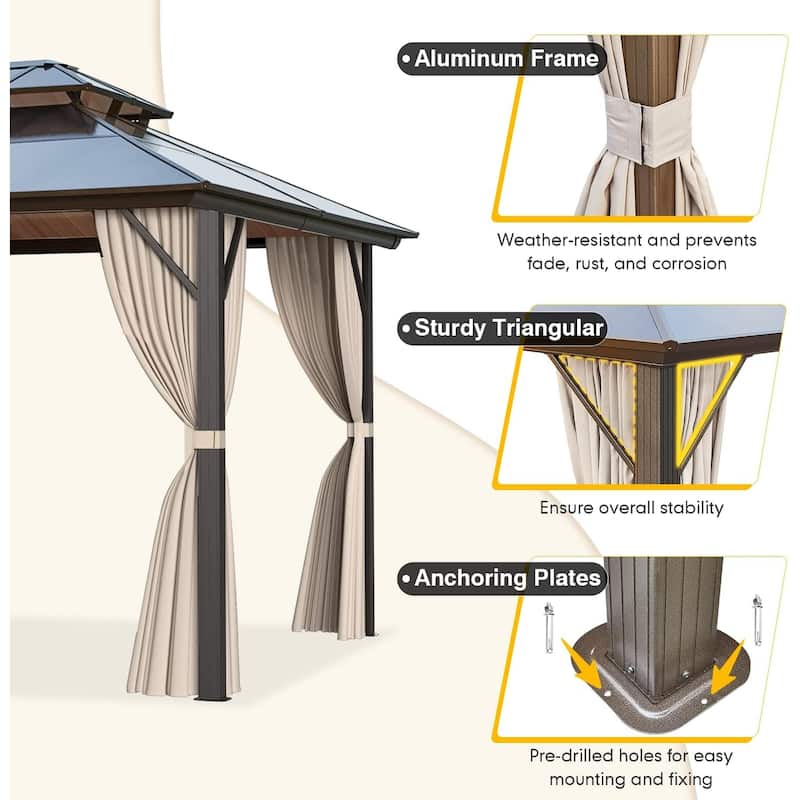 Outdoor Hardtop Gazebo for patio,Polyester Double Roof Canopy, Permanent Pavilion with Aluminum Frame,Curtains & Netting