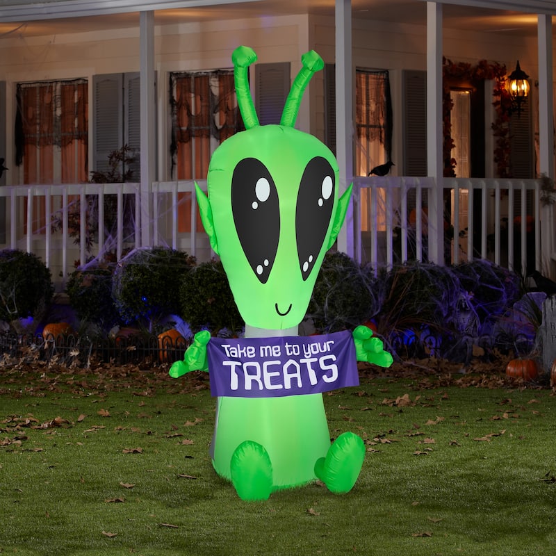 National Tree Company Halloween Inflatable Decoration, Multi, Alien with Sign, LED Lights, Plug In, 7 Feet