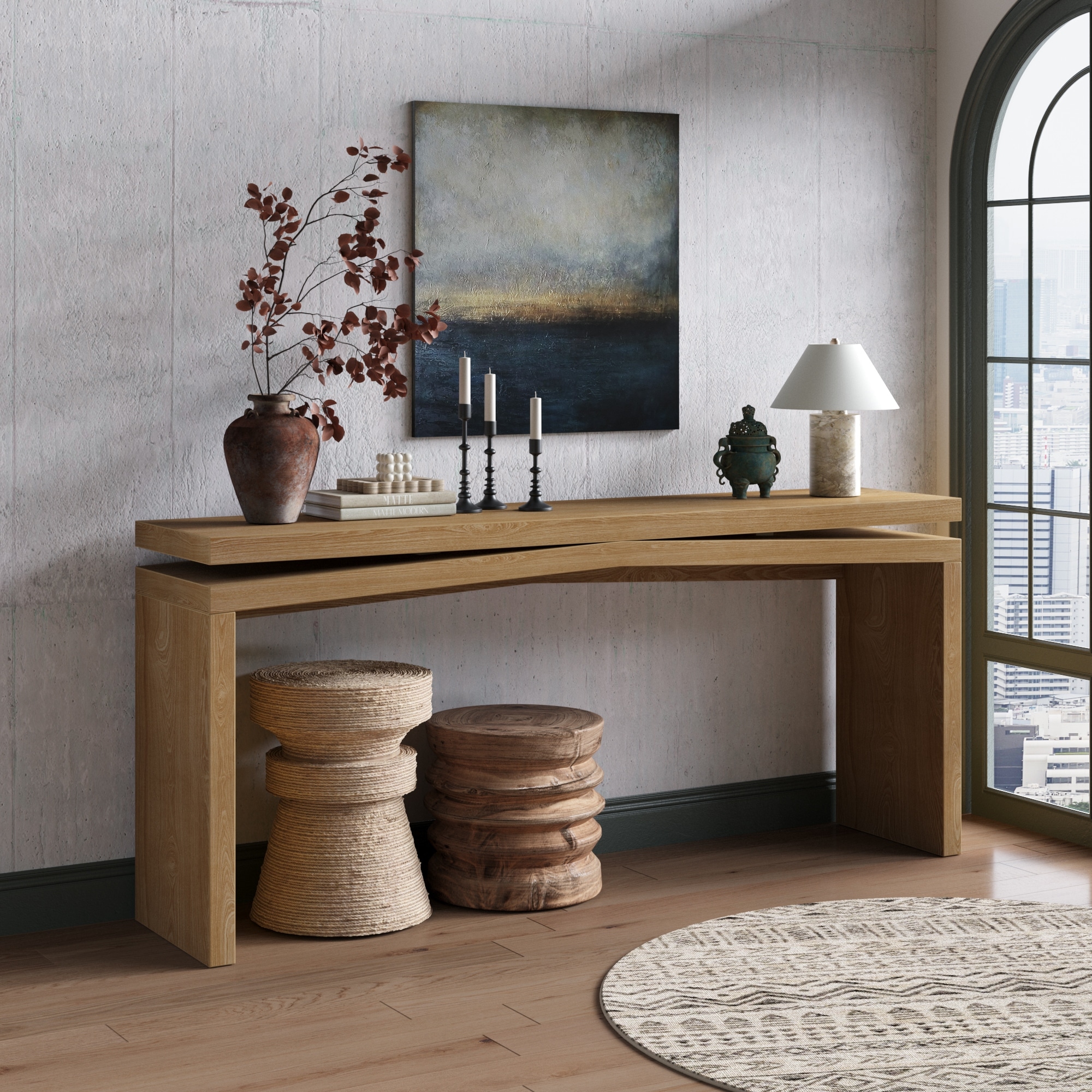 65" Farmhouse Solid Wood Veneer Console Table for Living Room