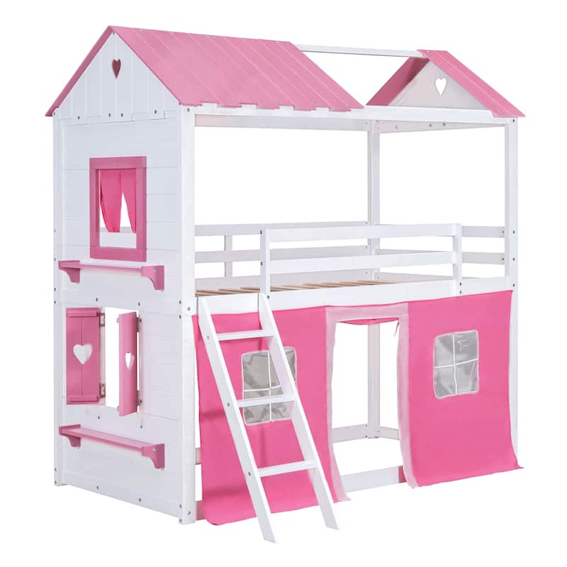 Twin Size Playhouse Bunk Bed with Slide, Castle-style Roof and Windows