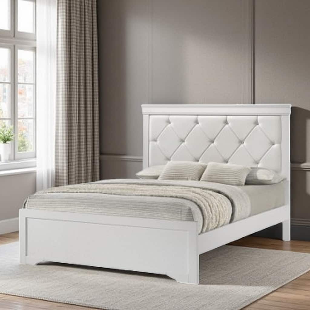 Queen Size Panel Bed with Upholstered Headboard, Diamond Tufted Design and Crystal-Like Buttons, Modern Wood Frame