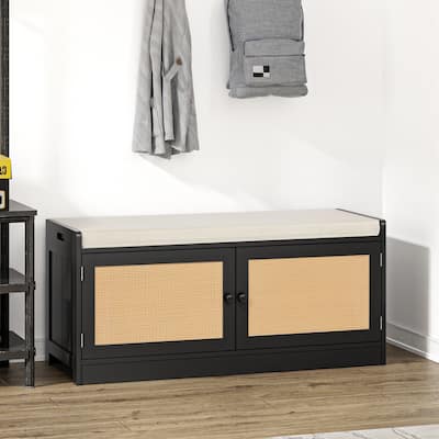 Anmytek Modern Wood Rattan Shoe Storage Bench with Cushion and Adjustable Shelves for Entryway - 39.8" W x 15.7" D x 18.1" H