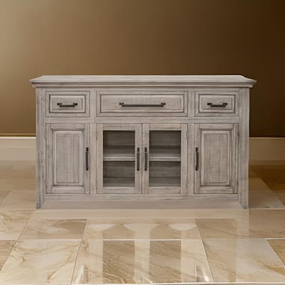 Rien 68 Inch Sideboard Console, Pine Wood, 4 Doors, 3 Drawers, Rustic Gray