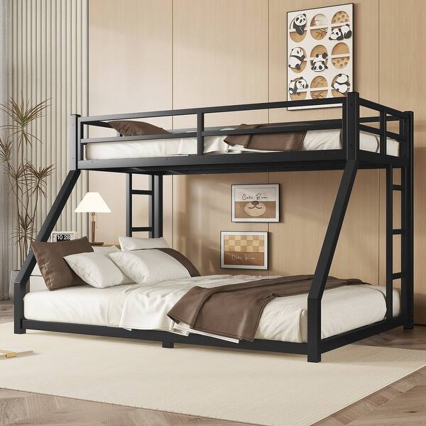 slide 2 of 11, Black Twin XL over Queen Size Metal Bunk Bed with Noise Reduction & Ladder Twin XL over Queen - Black