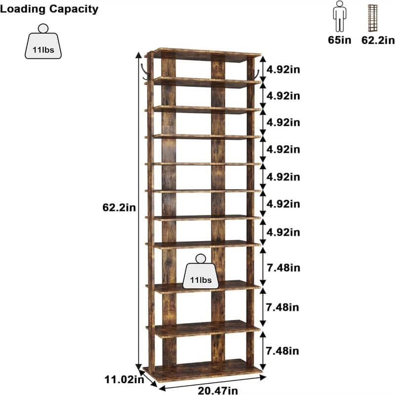 10Tier Vertical Shoe Rack - 11.02"D x 20.47"W x 62.2"H