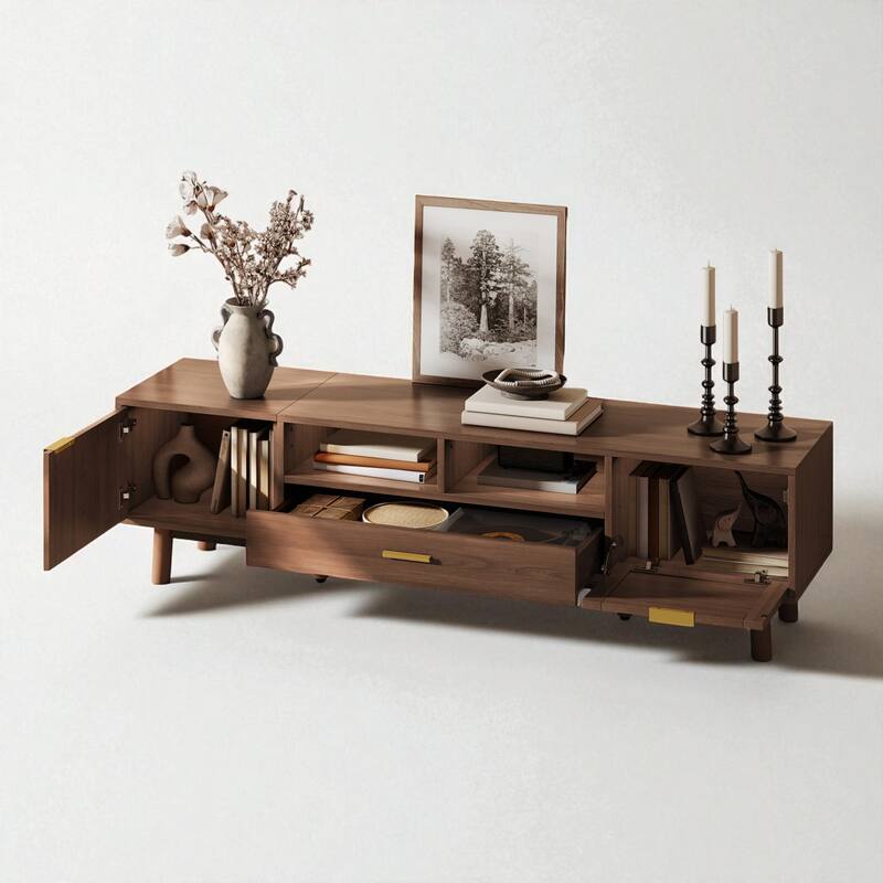 66.9" Modern Wood TV Stand for 75 Inch TVs, Media Console with Soft-Close Doors, Rattan Drawer & Drop-Down Cabinet