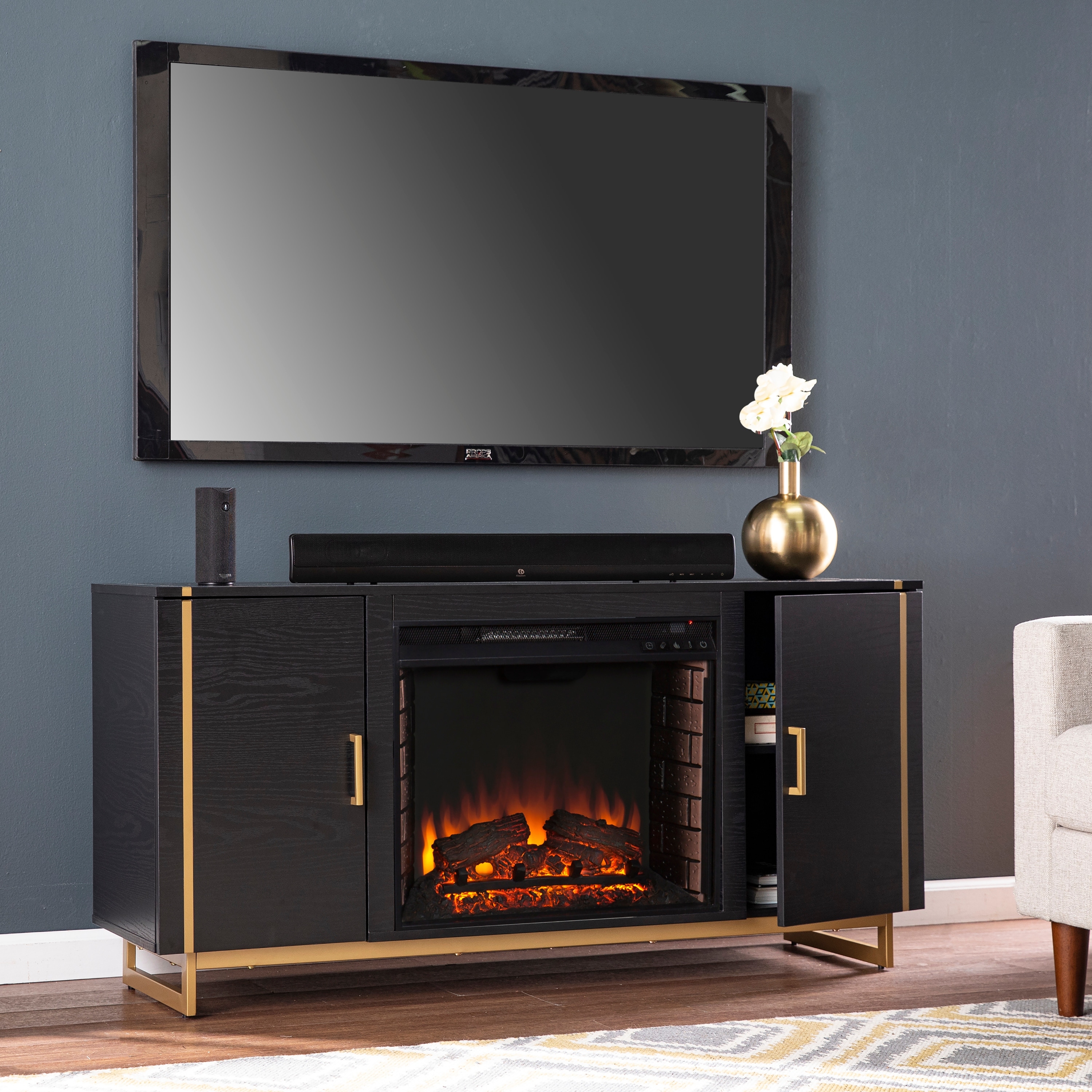 SEI Furniture Beachler Black Wood Electric Fireplace Console On