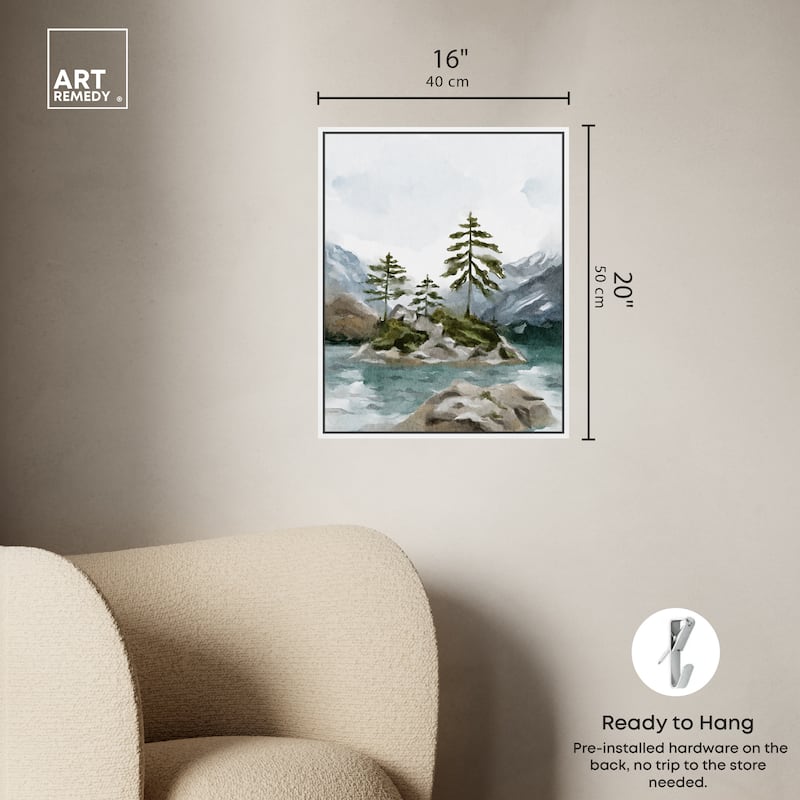 Art Remedy Cold Winter Lake Framed Landscape 1 Piece Canvas Wall Art Watercolor Style