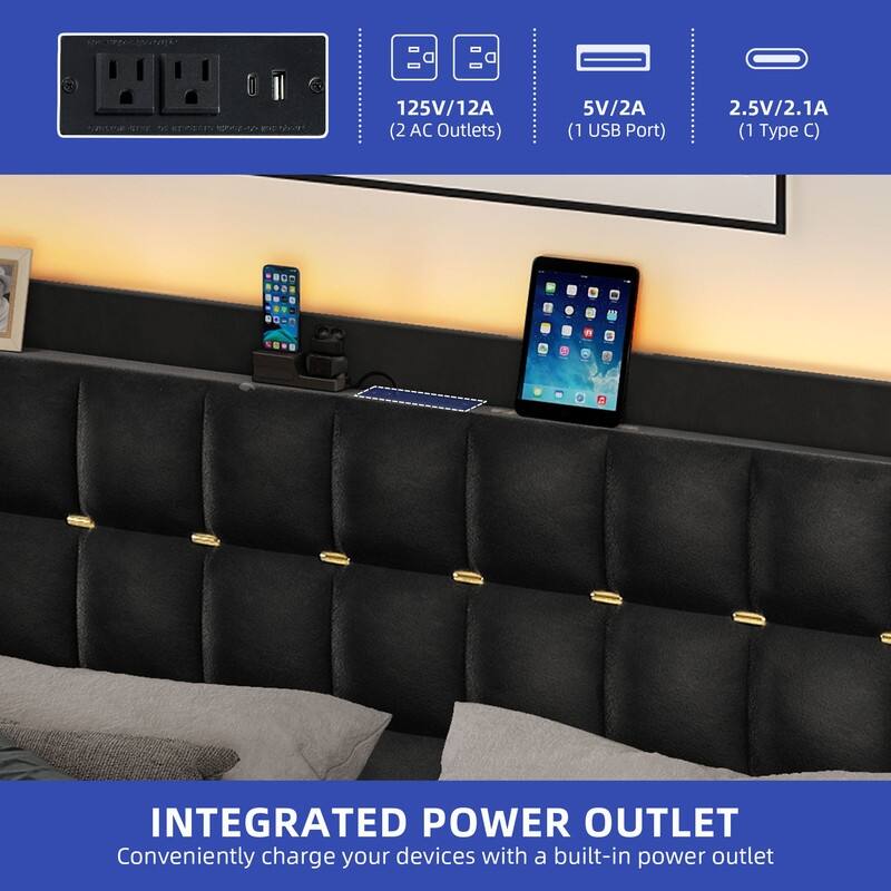 Moasis Queen/King Size Velvet Upholstered Bed with Charging Station and Storage Drawers