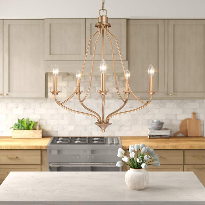 Modern Glam Gold 5-light Empire Wheel Chandelier Candle Ceiling Lighting for Foyer, Stairs - D24" x H89"