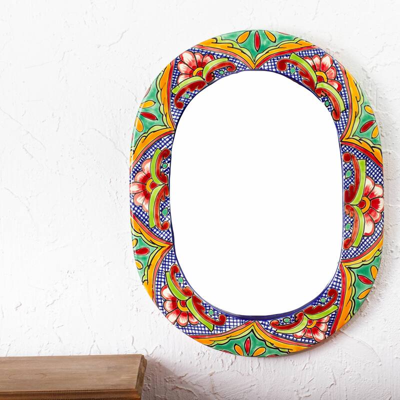 Novica Handmade Talavera Wreath Ceramic Wall Mirror