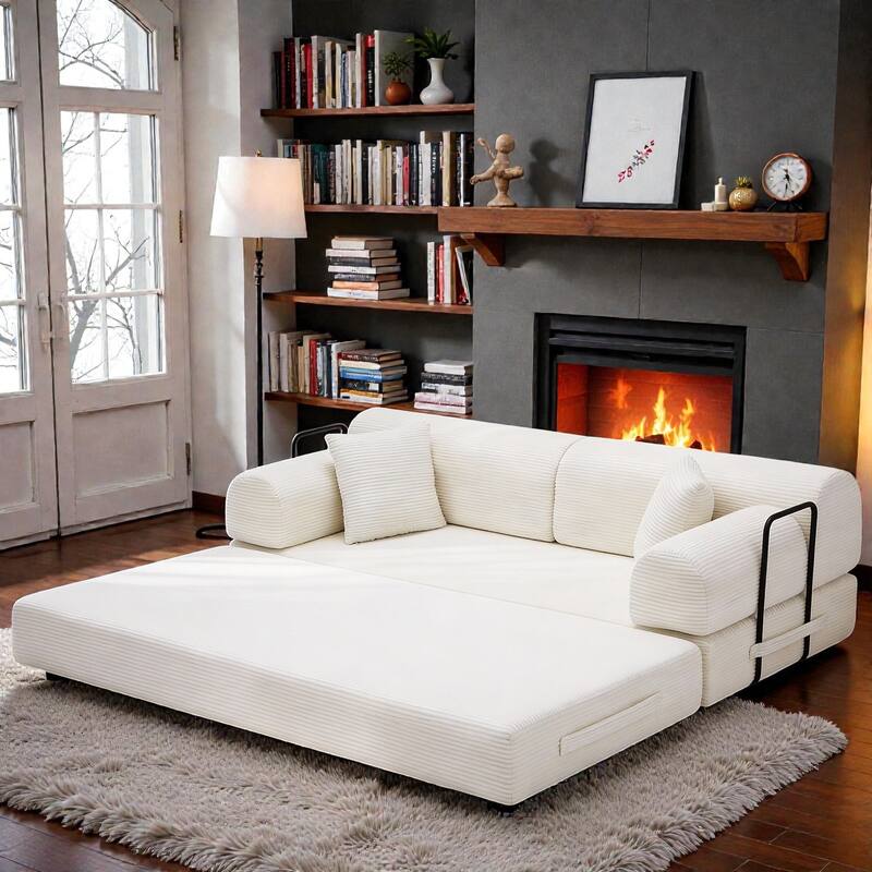 Convertible Sleeper Sofa Bed, 4-in-1 Corduroy Folding Floor Couch with Cylindrical Pillow, 2-Seat Space-Saving Lounge Sofa