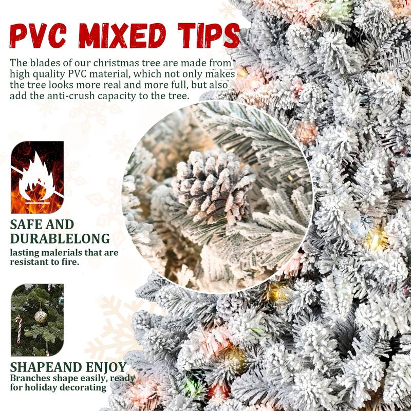 5FT Flocked Christmas Tree with 300 Colorful UL Lights and 27 Natural Pine Cones - 600 Snowy PVC Tips,Metal Stand