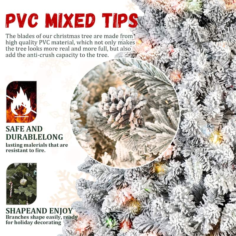 6FT Flocked Christmas Tree with 350 Colorful UL Lights and 36 Natural Pine Cones-888 Snowy PVC Tips,Hinged Branches