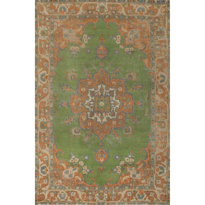 Hand Knotted Oriental 100% Wool Carpet Traditional Floral Green Tabriz Area Rug - 9' 1'' X 6' 8''